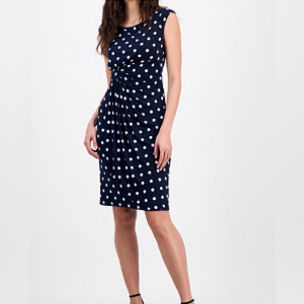 Cowl Neck Gathered Navy and White Polka Dot Connected Apparel Dress Small
